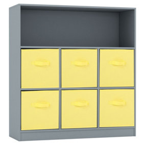 URBNLIVING Height 94cm Wooden Wide Grey 7 Cube Bookcase with Yellow 6 Drawers Baskets Storage Unit Shelves
