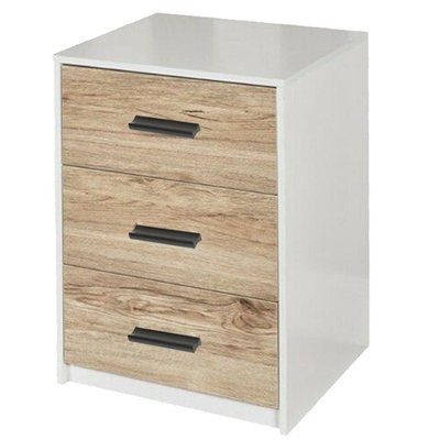 URBNLIVING Height Height 56cm 3 Drawer Wooden Bedroom Bedside Cabinet Furniture Storage White Carcass and Oak Drawers Nightstand