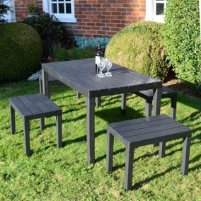 URBNLIVING Large Garden Patio Dining Table & 4 Benches Outdoor Weatherproof Furniture Set Black