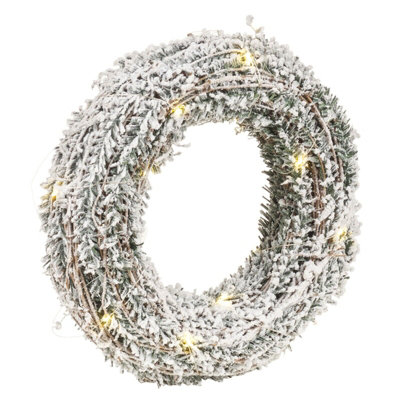 URBNLIVING LED 40 cm Light Up Festive Decorative Snowy Christmas Rattan with Snowy Faux Pine Leaves Wall Door Wreath  Pre Lit