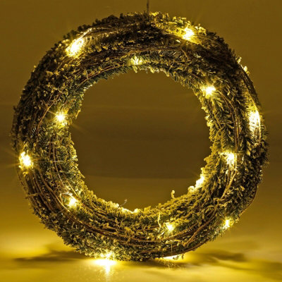 URBNLIVING LED 40 cm Light Up Festive Decorative Snowy Christmas Rattan with Snowy Faux Pine Leaves Wall Door Wreath  Pre Lit