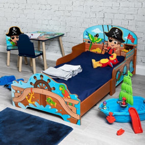 URBNLIVING Length 140cm Pirates Wooden Toddler Infant Child Kids Bed with Protector Safety Guard