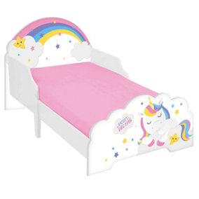 URBNLIVING Length 140cm Unicorn Wooden Toddler Infant Child Kids Bed with Protector Safety Guard