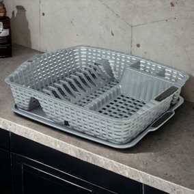 URBNLIVING Metallic Grey Colour Dish Drainer Drying Rack & Utensil Holder with Matching Drip Tray Rattan Style