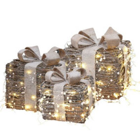 URBNLIVING Set of 3 Light Up Christmas Present Rattan LED Parcel Box Gift Tree Decorations
