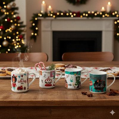 2 Mugs en Porcelaine avec Cerf et Flocon | Santa's Valley