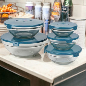 URBNLIVING Set Of 5 Blue Lid High Quality Food Storage Glass Bowls With Easy Open Lids