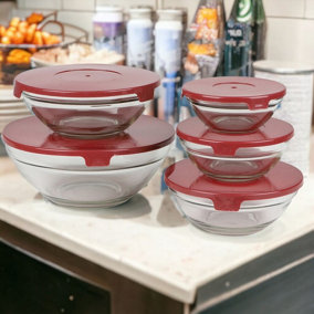 URBNLIVING Set Of 5 Red Lid High Quality Food Storage Glass Bowls With Easy Open Lids