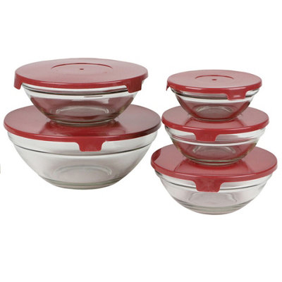 URBNLIVING Set Of 5 Red Lid High Quality Food Storage Glass Bowls With Easy Open Lids