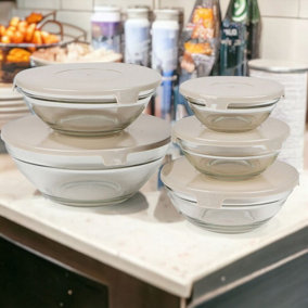 URBNLIVING Set Of 5 Taupe Lid High Quality Food Storage Glass Bowls With Easy Open Lids