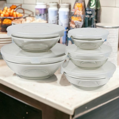 URBNLIVING Set Of 5 White Lid High Quality Food Storage Glass Bowls With Easy Open Lids