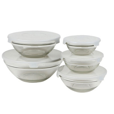 URBNLIVING Set Of 5 White Lid High Quality Food Storage Glass Bowls With Easy Open Lids