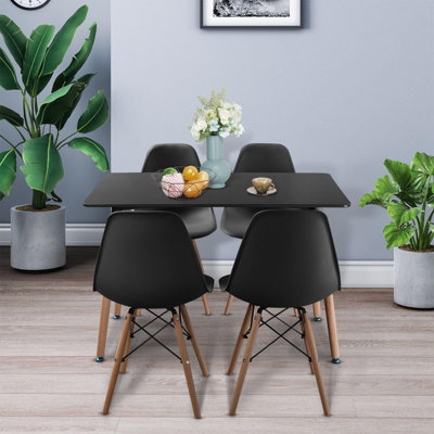 URBNLIVING TROMSO 110cm Rectangle Scandi Style Kitchen Coffee Black Table And 4 Chairs Black Beech Legs