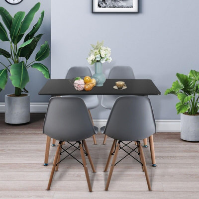 URBNLIVING TROMSO 110cm Rectangle Scandi Style Kitchen Coffee Black Table And 4 Chairs Grey Beech Legs