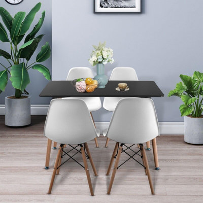 URBNLIVING TROMSO 110cm Rectangle Scandi Style Kitchen Coffee Black Table And 4 Chairs White Beech Legs