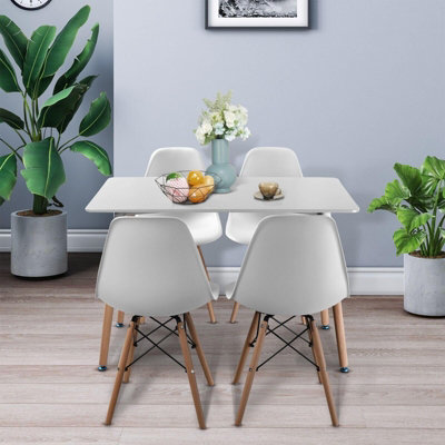 URBNLIVING TROMSO 110cm Rectangle Scandi Style Kitchen Coffee White Table And 4 Chairs White Beech Legs
