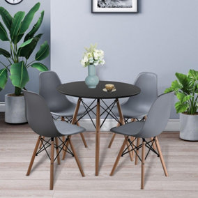 URBNLIVING TROMSO 80cm Round Scandi Style Kitchen Side Coffee Black Table & 4 Grey Chairs Beech Legs