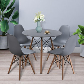 URBNLIVING TROMSO 80cm Round Scandi Style Kitchen Side Coffee Grey Table & 4 Grey Chairs Beech Legs