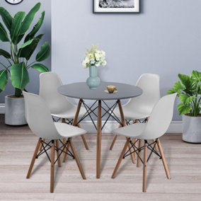URBNLIVING TROMSO 80cm Round Scandi Style Kitchen Side Coffee Grey Table & 4 White Chairs Beech Legs