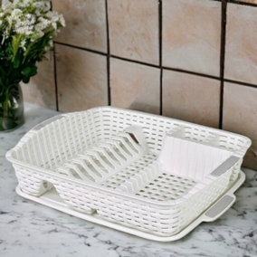 URBNLIVING White Colour Dish Drainer Drying Rack & Utensil Holder with Matching Drip Tray Rattan Style