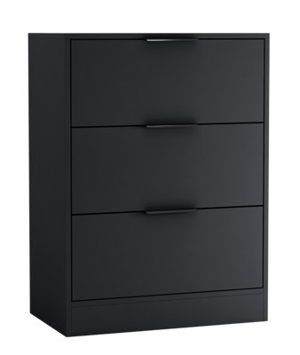 URBNLIVING Width 60cm Black Colour Chest of 3 Drawers Modern Compact Storage Bedside Metal Handle Cabinet Bedroom Furniture