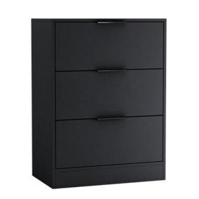 URBNLIVING Width 60cm Black Colour Chest of 3 Drawers Modern Compact Storage Bedside Metal Handle Cabinet Bedroom Furniture