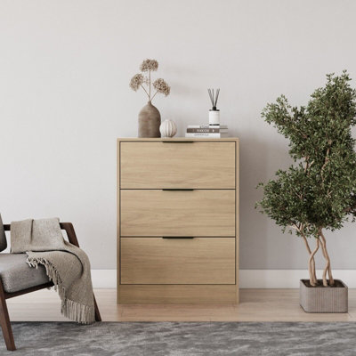 URBNLIVING Width 60cm Oak Colour Chest of 3 Drawers Modern Compact Storage Bedside Metal Handle Cabinet Bedroom Furniture
