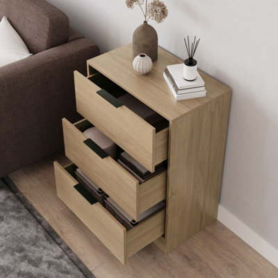 URBNLIVING Width 60cm Oak Colour Chest of 3 Drawers Modern Compact Storage Bedside Metal Handle Cabinet Bedroom Furniture