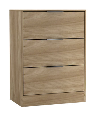 URBNLIVING Width 60cm Oak Colour Chest of 3 Drawers Modern Compact Storage Bedside Metal Handle Cabinet Bedroom Furniture