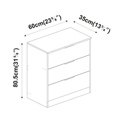 URBNLIVING Width 60cm White Colour Chest of 3 Drawers Modern Compact Storage Bedside Metal Handle Cabinet Bedroom Furniture