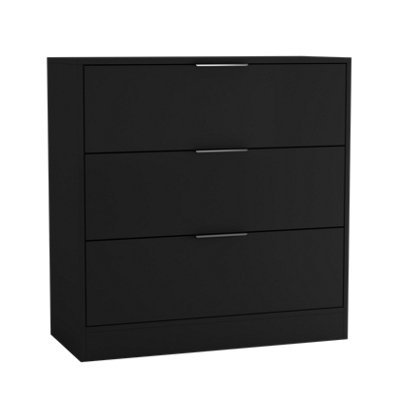 URBNLIVING Width 80cm Black Colour Chest of 3 Drawers Modern Compact Storage Bedside Metal Handle Cabinet Bedroom Furniture