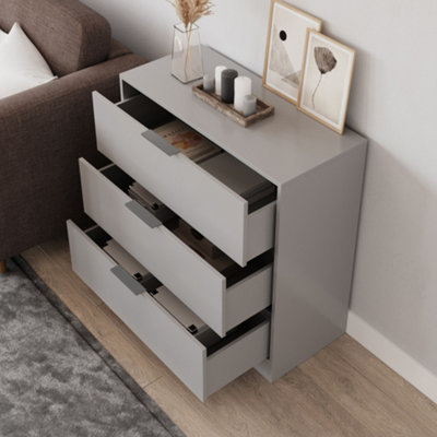 URBNLIVING Width 80cm Grey Colour Chest of 3 Drawers Modern Compact Storage Bedside Metal Handle Cabinet Bedroom Furniture