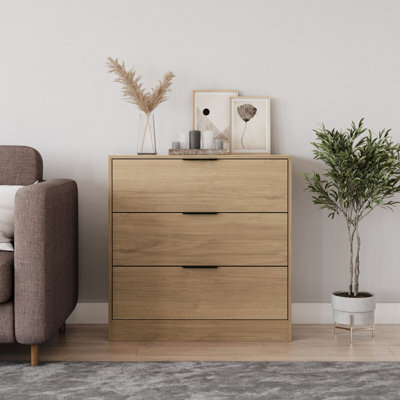 URBNLIVING Width 80cm Oak Colour Chest of 3 Drawers Modern Compact Storage Bedside Metal Handle Cabinet Bedroom Furniture