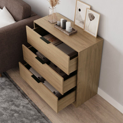URBNLIVING Width 80cm Oak Colour Chest of 3 Drawers Modern Compact Storage Bedside Metal Handle Cabinet Bedroom Furniture
