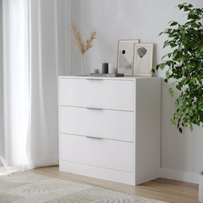 URBNLIVING Width 80cm White Colour Chest of 3 Drawers Modern Compact Storage Bedside Metal Handle Cabinet Bedroom Furniture