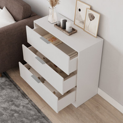 URBNLIVING Width 80cm White Colour Chest of 3 Drawers Modern Compact Storage Bedside Metal Handle Cabinet Bedroom Furniture