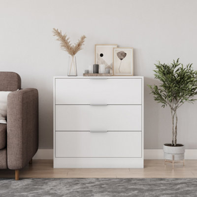 URBNLIVING Width 80cm White Colour Chest of 3 Drawers Modern Compact Storage Bedside Metal Handle Cabinet Bedroom Furniture