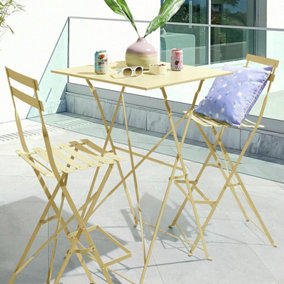 URBNLIVING Yellow Colour 2 Folding Metal Chairs & Table Bistro Bar Patio Breakfast Furniture Set
