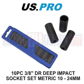 US PRO 10 Piece 3/8" Dr Deep Impact Metric Socket Set 10 - 24mm 1680