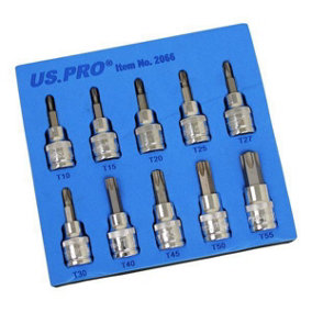 US PRO 10pc 3/8dr Torx / Star Bit Socket Set 48mm (L)  T10 TO T55 2066
