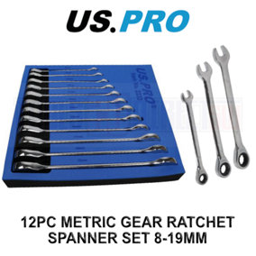 US PRO 12pc Metric Gear Ratchet Combination Spanner Wrench Set 8-19mm 2233