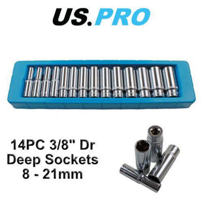 US PRO 14 Piece 3/8" Dr 6 Point Deep Metric Socket Set 8mm - 21mm 1389