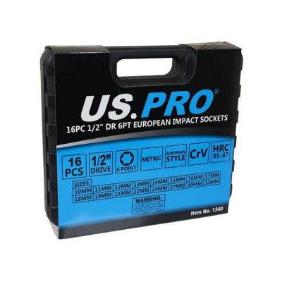 Juego De Dados De Impacto Profundos US PRO B1340 | 16 Piezas 1/2" Dr 6 Puntos | Tamaños 10-32 Mm