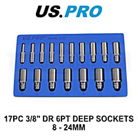 US PRO 17pc 3/8 Dr Metric Deep Socket Set 6 point 8 - 24mm 3258
