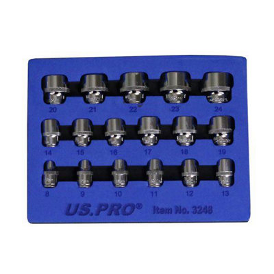 US PRO 17pc 3/8 Dr Shallow Sockets 12 Point 8 - 24mm 3248