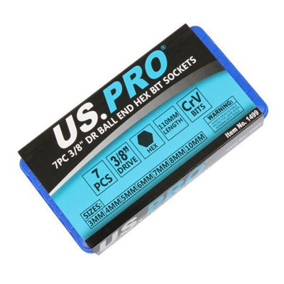 US PRO B1123 7pc 3/8 Inch Hex Bit Socket Set | Long 3-10mm Allen Key | Metric