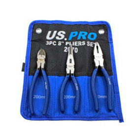 US PRO 8" 200mm 3pc Plier Set, Side Cutter, Long Nose, Combination Pliers 2070