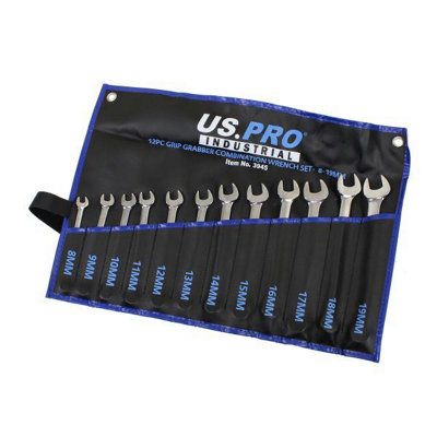 US PRO INDUSTRIAL 12pc Grip Grabber Combination Spanner Wrench set 8-19mm 3945