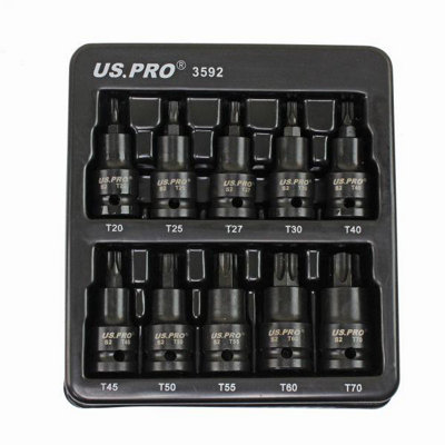 US PRO Tools 10PC 1/2" DR Torx Impact Star Bit Socket Set T20 - T70 3592