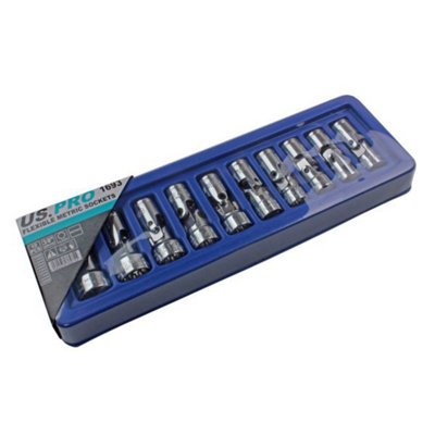 US PRO Tools 10pc 3/8dr Flexi Flexible Universal Sockets Set Metric 1693 - 3
